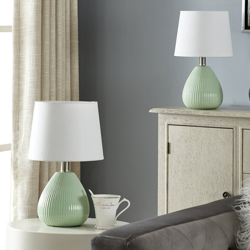 Novack 14.5" Modern Green Ceramic Table Lamp Set with Pre-Assembled White Linen Shade, Green