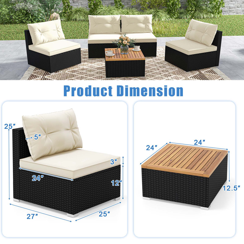 Ensemble de conversation en bois pour 4 personnes avec coussins Bergetta, Brun