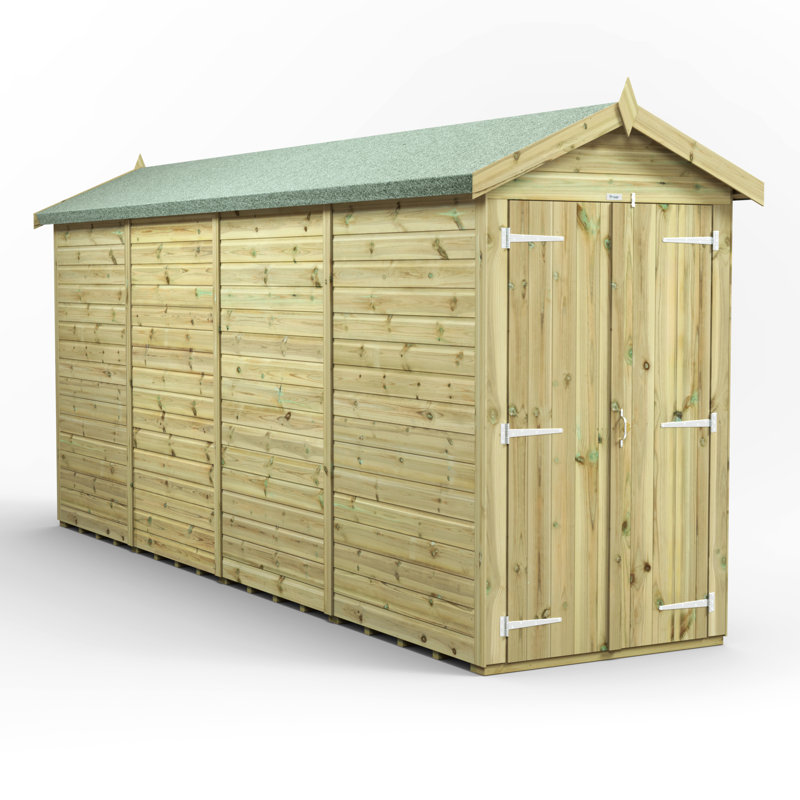 Powersheds 16 x 4ft Premium Pressure Treated Timber Windowless Apex Garden Shed, Double Doors
