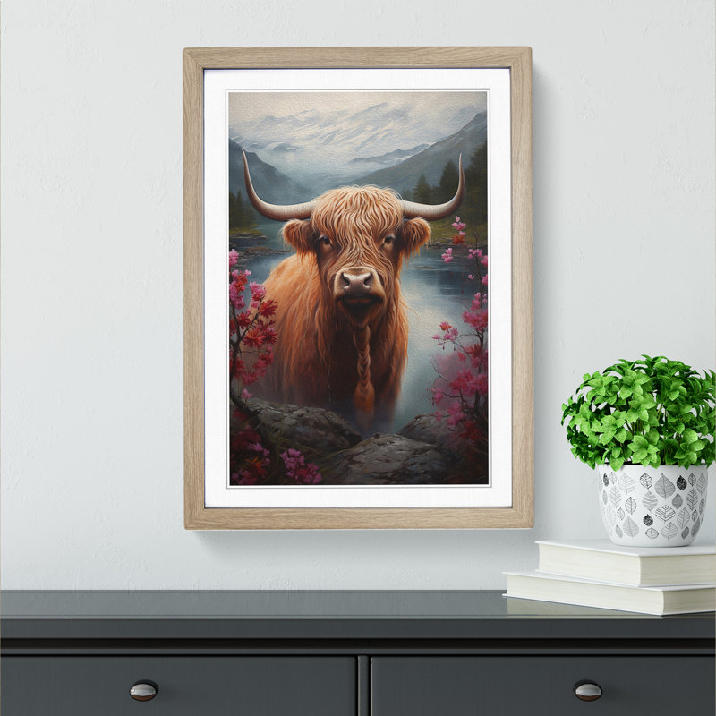 Highland Cow Renaissance - Single Picture Frame Print on Wood, Oak, 46cm H x 34cm W x 2cm D