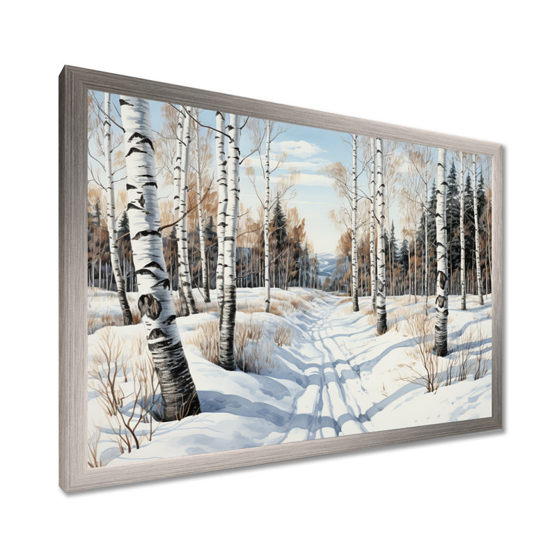 «Winter Birch Wood Forest II - Tree Birch», art mural, Cadre de coin argenté fermé, H 34 po x l 44 po x P 1,5 po