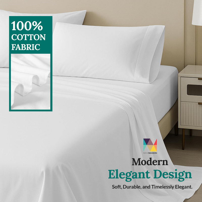 New Season - Ensemble de draps en coton - Draps 100% coton à densité de tissage 400 fils avec draps en coton doux (très grand, blanc optique brillant)