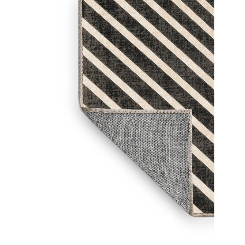 Machine Washable Paxton Baseball Bat Ball American Traditional Striped Rug in Black – Beige Binding, 8x12