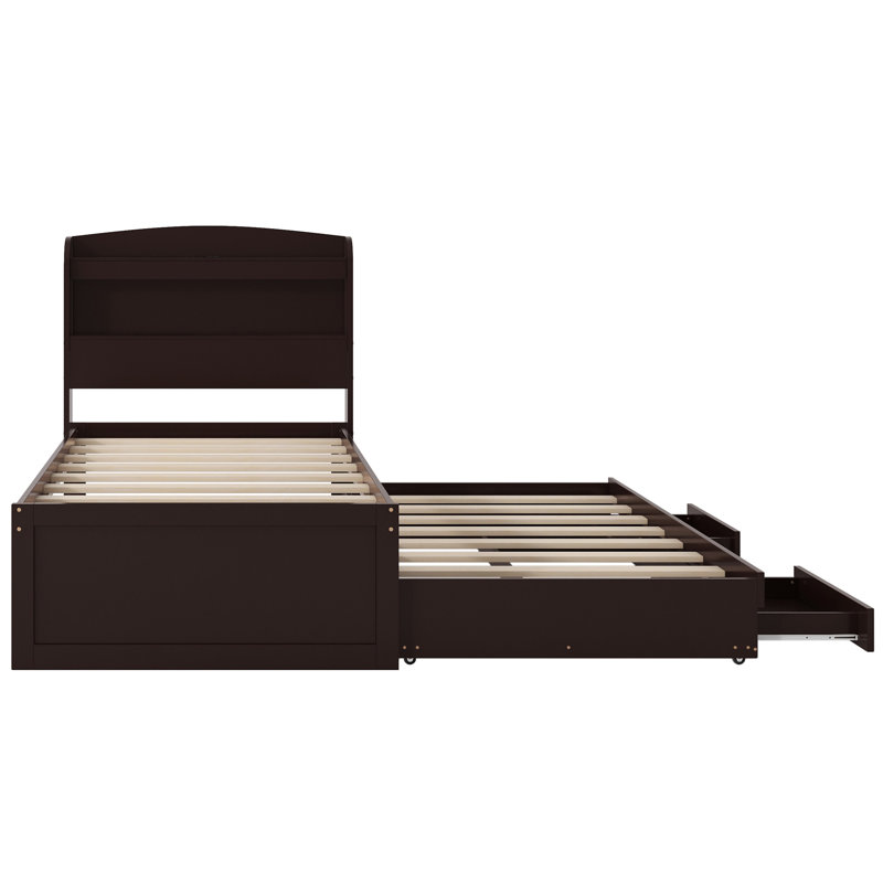 Lit plateforme avec tête de lit à DEL avec rangement, Lit simple, Marron foncé