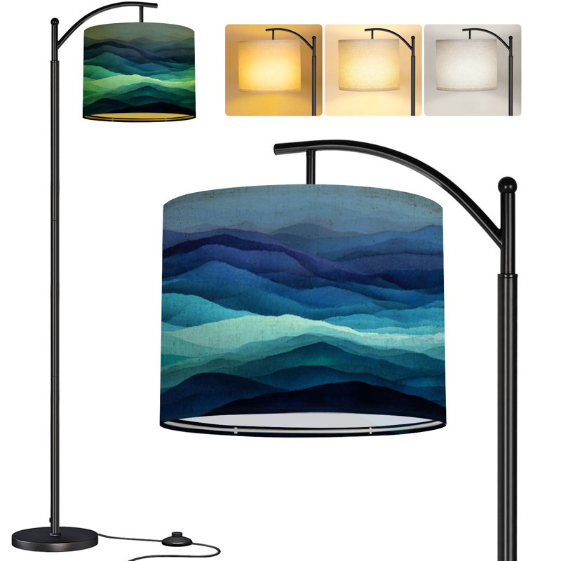  Lampe sur pied arc Art abstrait peinture bleue fluide fluide Grande lampe sur pied moderne DEL Abat-jour réglable en lin 3 températures de couleur