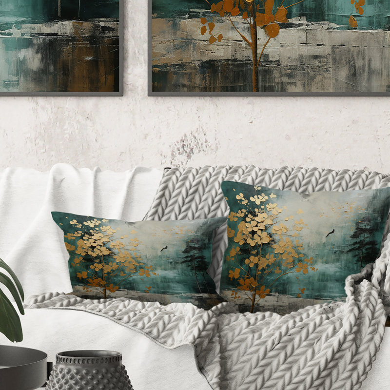 Coussin Golden Emerald Forest - Abstract Spirals, 16" x 16"