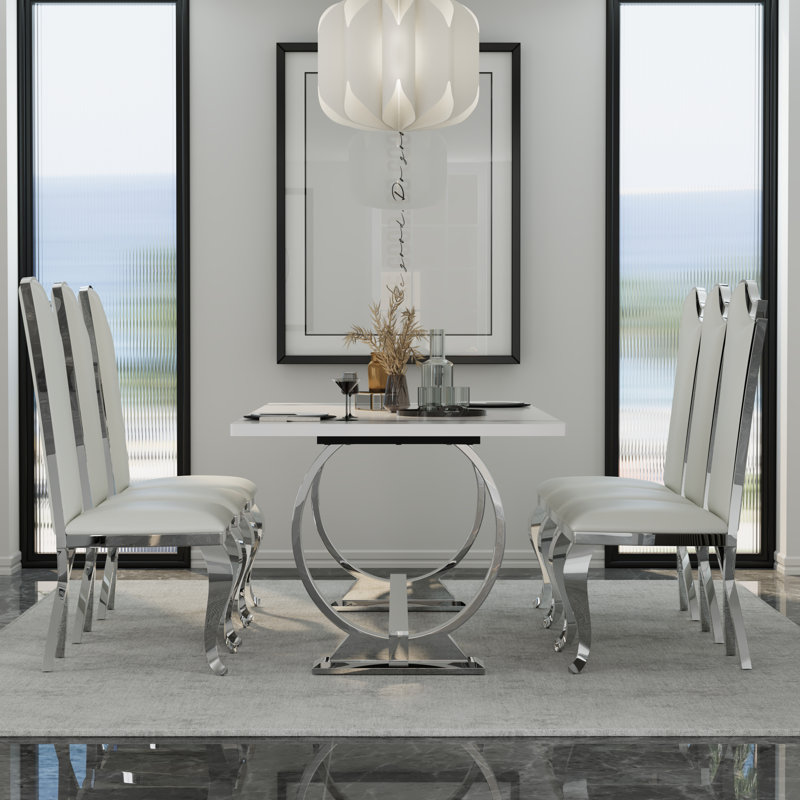 Ensemble de table de salle à manger 78 pouces blanc et argent avec 4 chaises en cuir chromées blanches, Argent argent