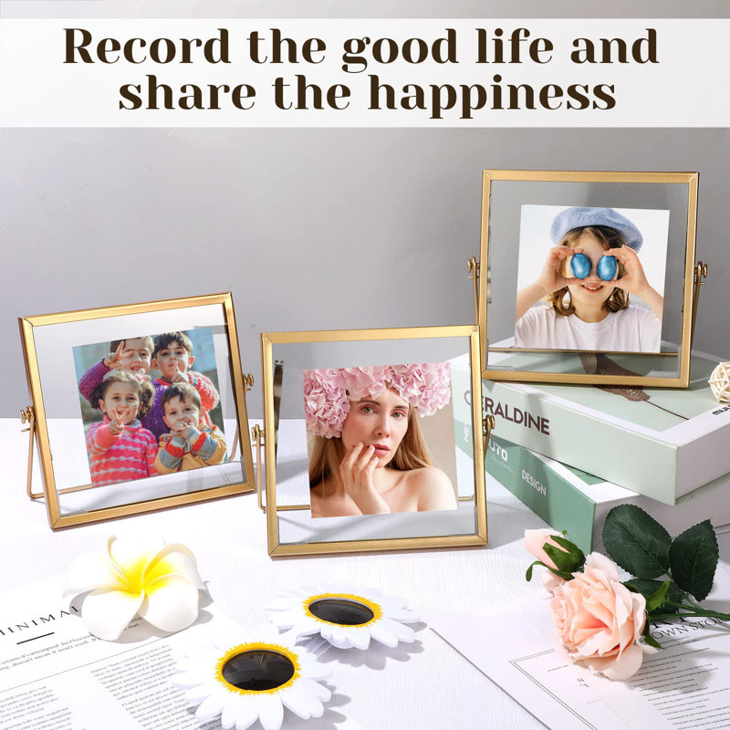12 Pack 4 X 4 Inch Floating Frame Glass Photo Frame Collection Vintage Metal Minimal Ornate Easel For Pictures Photos Desk Tabletop Display (Gold)