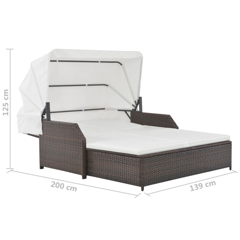 Double Sun Lounger Patio 2-Person Sun Lounger with Canopy Poly Rattan, Brown