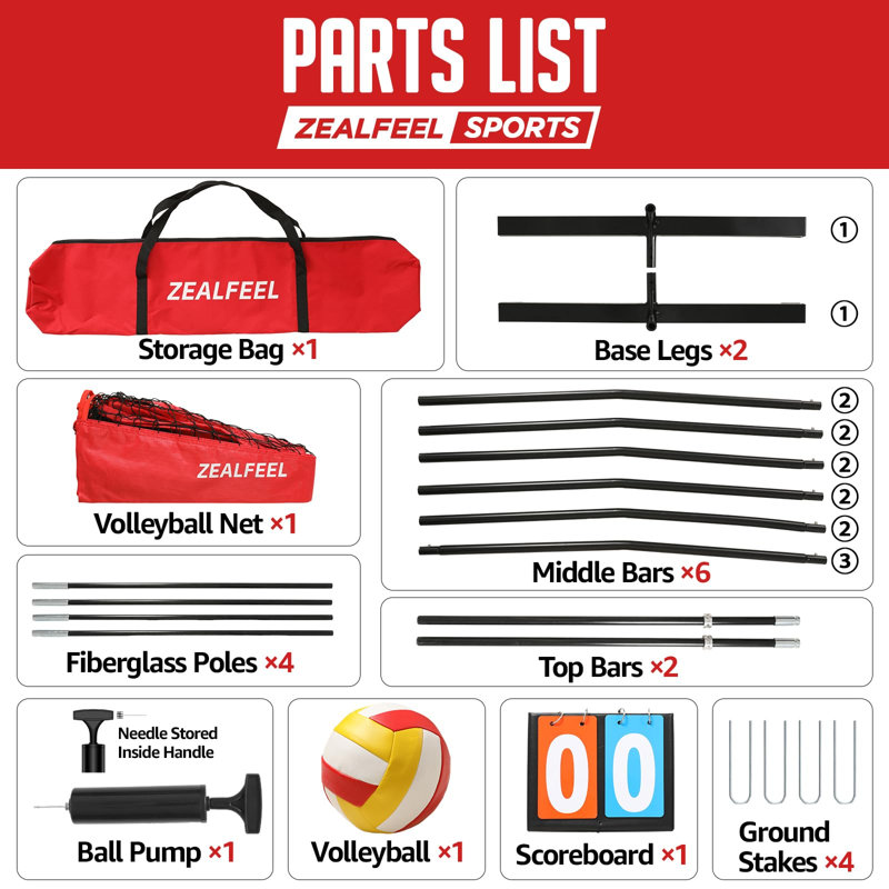 Zealfeel Adjustable Portable 20ft Volleyball Training Net Set with Carry Bag for Outdoor Practice, 32.4" H x 240" W x 0.04" D