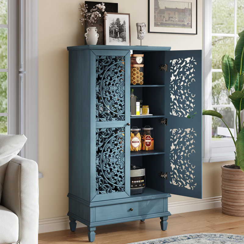 Rustic 55'' Tall Storage Cabinet With Drawer, Decorative 2-Door Carved Wood Accent Cabinet With Solid Wood Legs, Antique Blue
