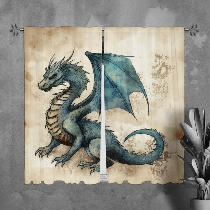 Dragon, rideaux de fenêtre, animaux, rideaux bleus, L 40 po x L 61 po