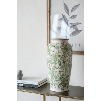 White Ceramic Flower Vase with Green Floral Pattern