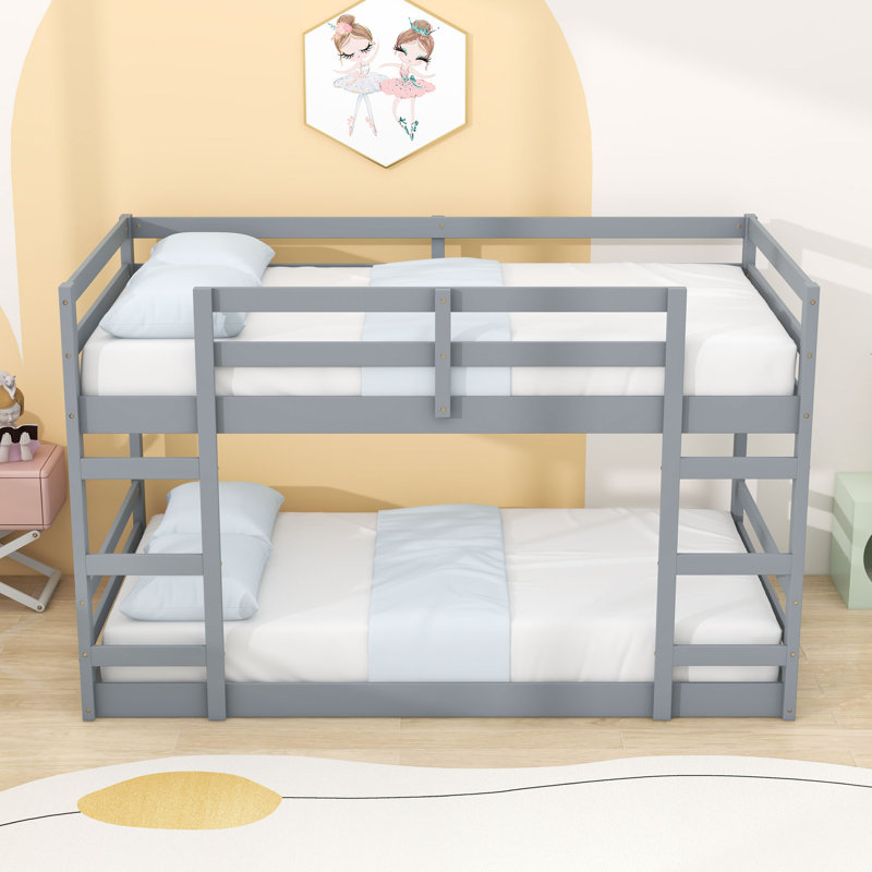 Wooden Bunk Bed With Slats And Ladder, Gray, Twin Over Twin