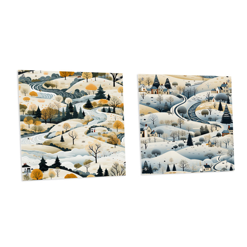 Winter Scandinavian Landscape I - Ensemble de 2 art mural en verre acrylique, H 16 po x l 33 po