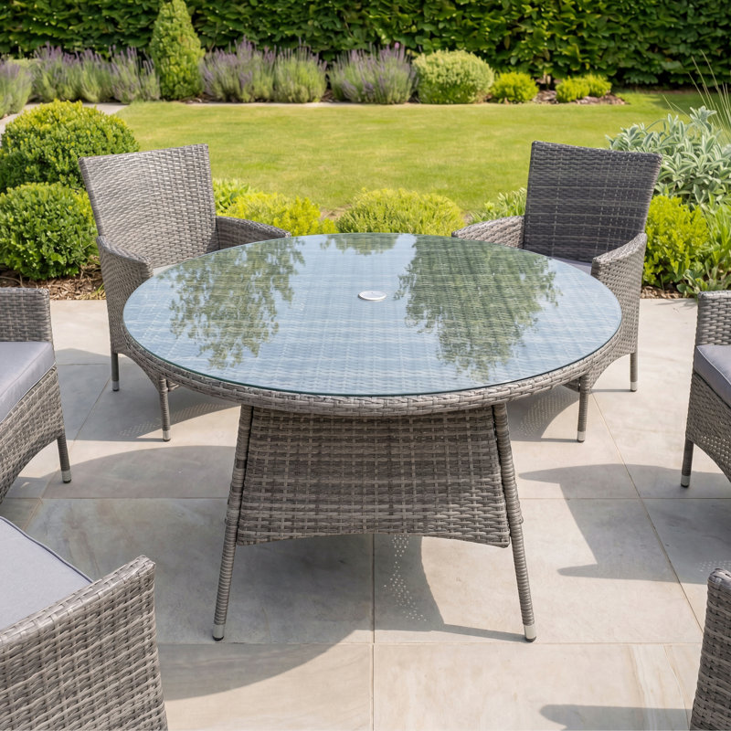 Round Metal Outdoor Dining Table With Umbrella Hole , cm W cm D, Grey, 74cm H x 110cm W x 110cm D