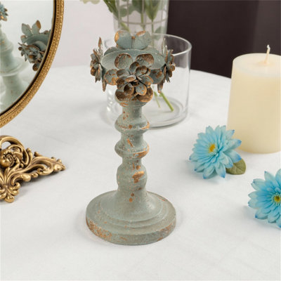Metal Floral Decoration Candle Holder, Rustic Distressed Blue Finish, Elegant Home Decor