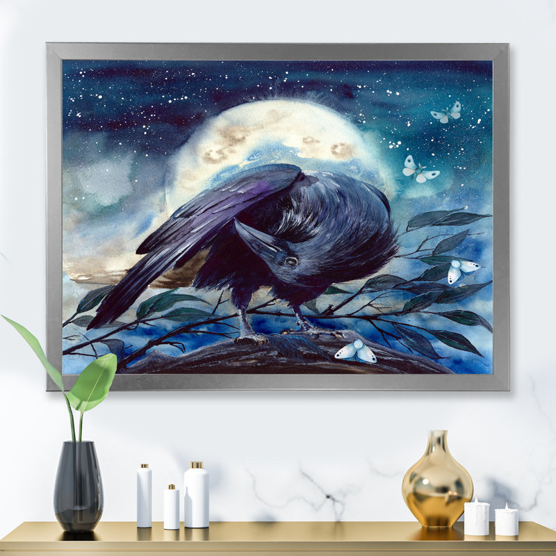 Raven sur une branche d'arbre avec lune brillante - reproduction sur toile, H 24 po x l 32 po, Cadre de coin fermé argenté