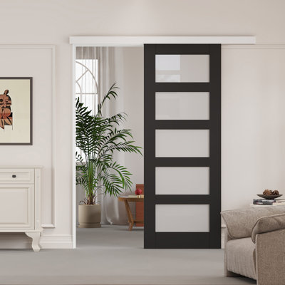 Porte de grange coulissante en verre givré 5-Lite 80 po avec ensemble de quincaillerie 80 po