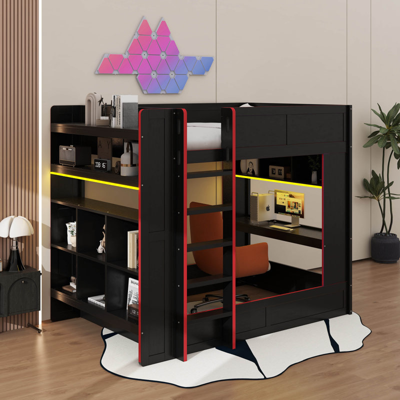 Lit superposé double pleine grandeur avec bureau, tablettes de rangement, DEL et station de charge