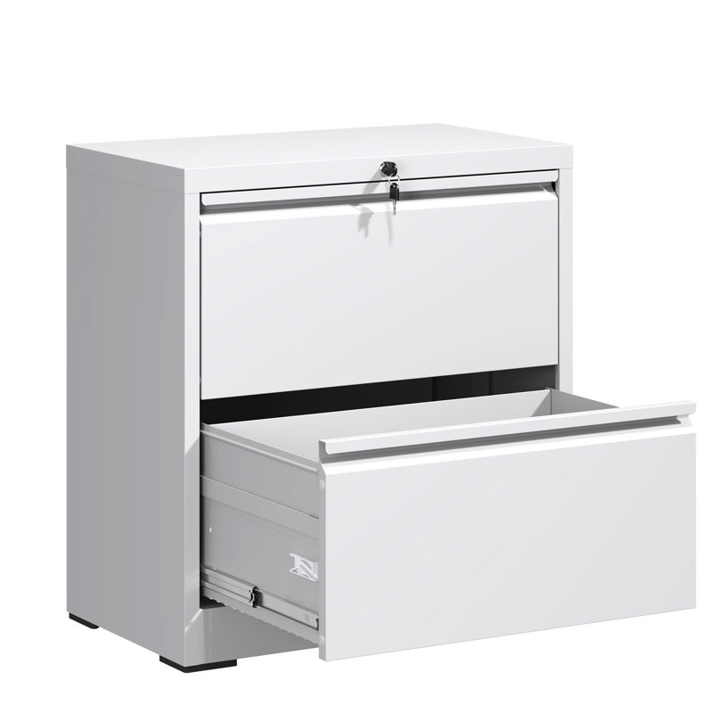 Classeur latéral blanc à 2 tiroirs avec serrure à clé, matériau laminé à froid, fonctionnement silencieux, classeur horizontal en acier Interlock, construction, dossiers réglables, glissières