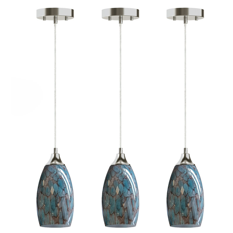 Ensemble de 3 luminaires suspendus sphériques en verre bleu pierre 71,4 po