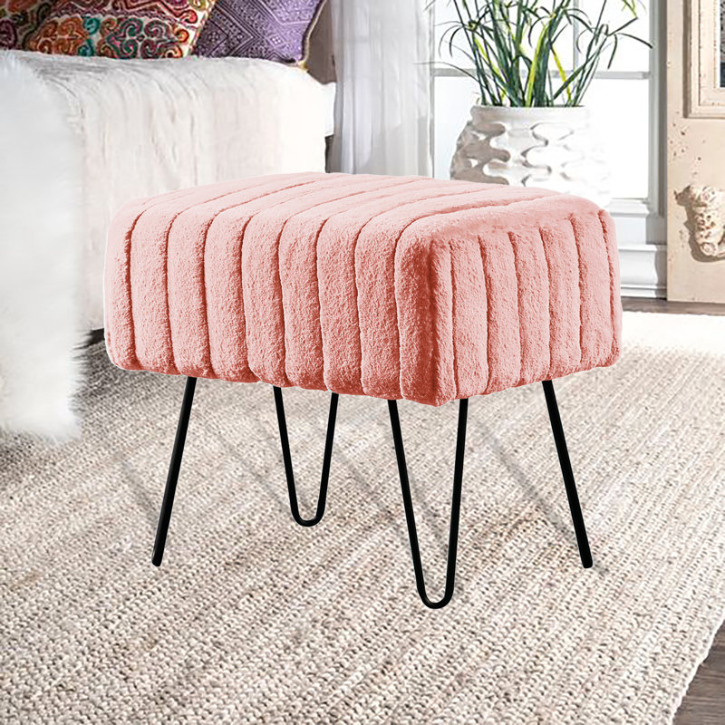 Defranco Upholstered Ottoman, Soft Pink Faux Fur