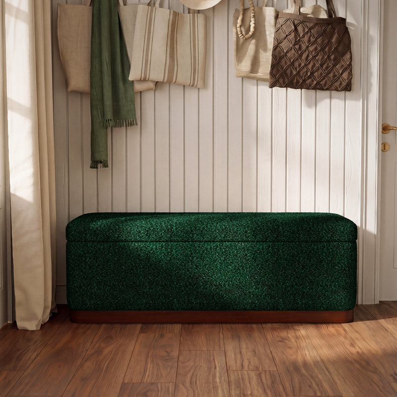 Modern 46" Bouclé Upholstered Storage Bench with Solid Wood Base & Hidden Compartment, GREEN