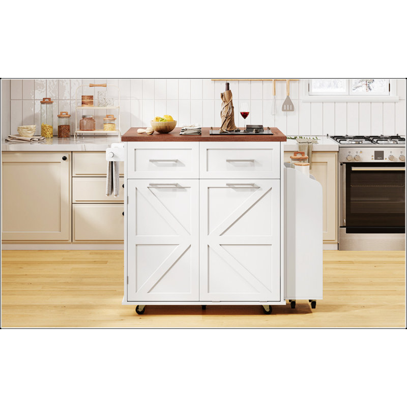 Farmhouse Kitchen Island With Drop Leaf And Removable Racks, Two Drawers, Rolling Cart On Wheels, Ideal For Home And Kitchen Storage