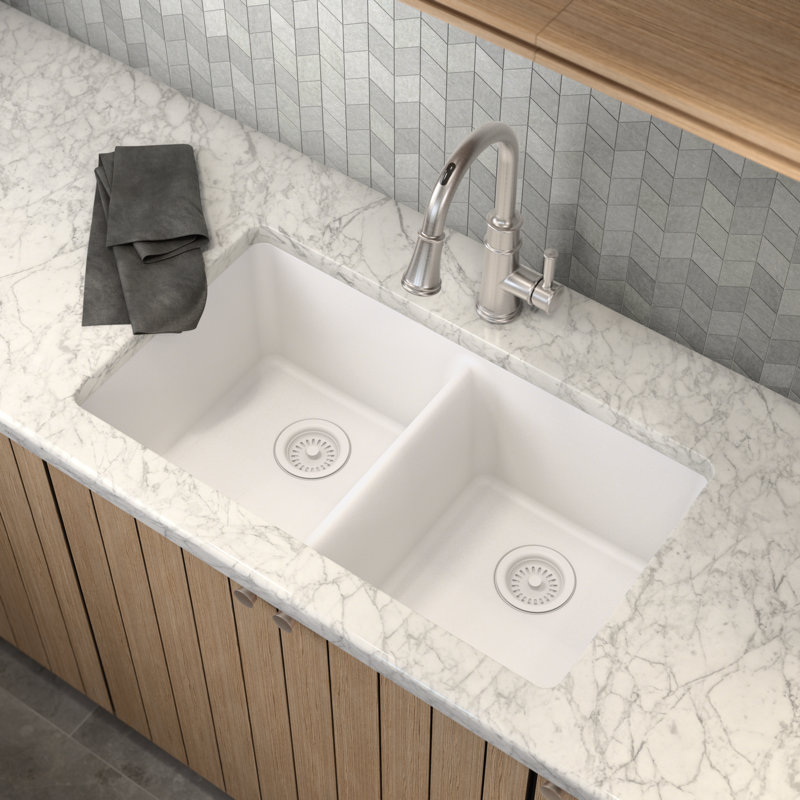 Host 33-Inch Wide x 9.5-Inch Deep Undermount Granite Double Bowl Kitchen Sink, White