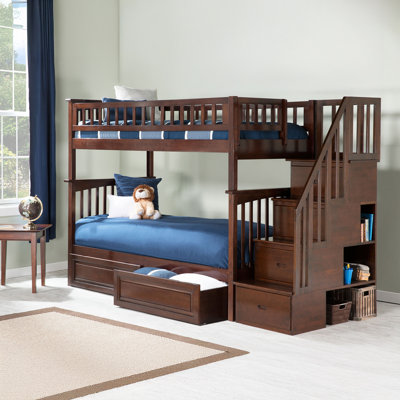 Flinn Solid Wood Ultimate Storage Staircase Bunk Bed with Raised Panel Under Bed Drawers
