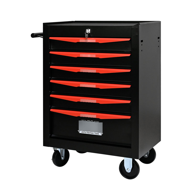 Armoire de rangement 6 outils avec roulettes - coffre noir et rouge stable et verrouillable, Noir / Rouge