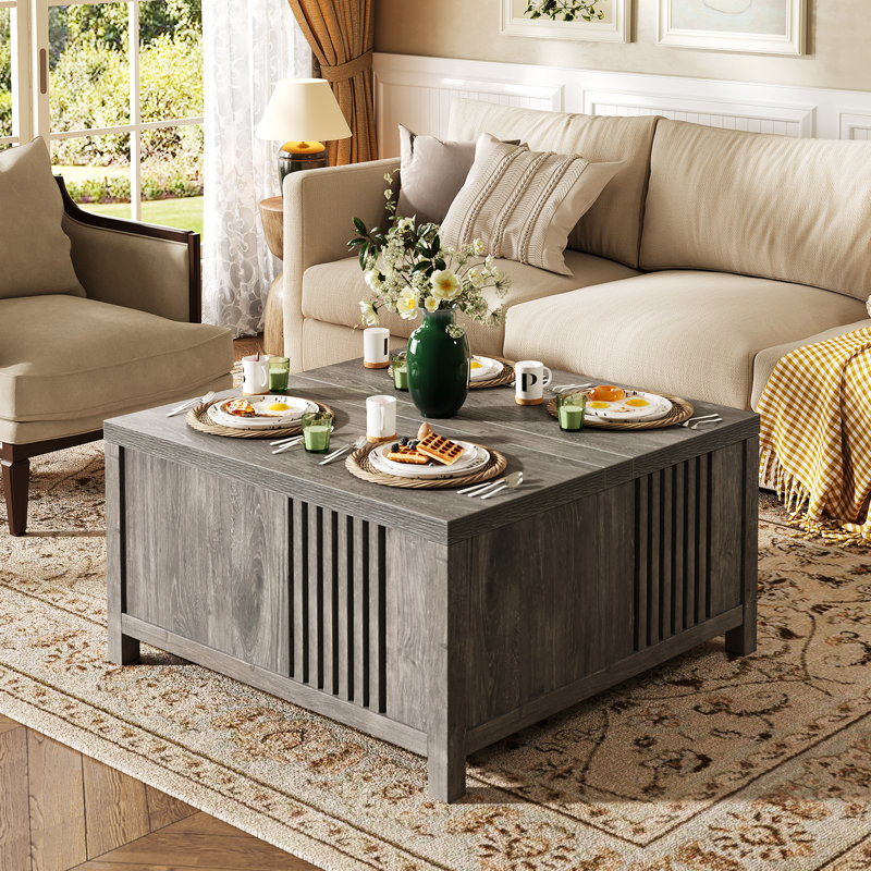 Table basse à plateau relevable avec rangement Farmhouse, grande table basse carrée de 35 po avec compartiment caché, table centrale en bois rustique pour le salon, chêne gris