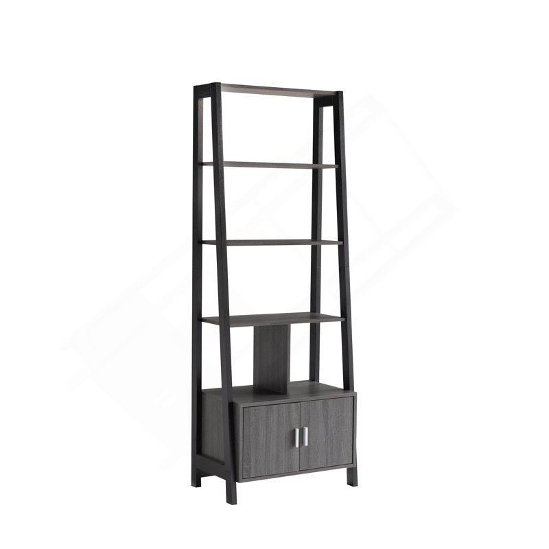 Bibliothèque moderne avec quatre tablettes ouvertes et armoire à deux portes - noir et gris
