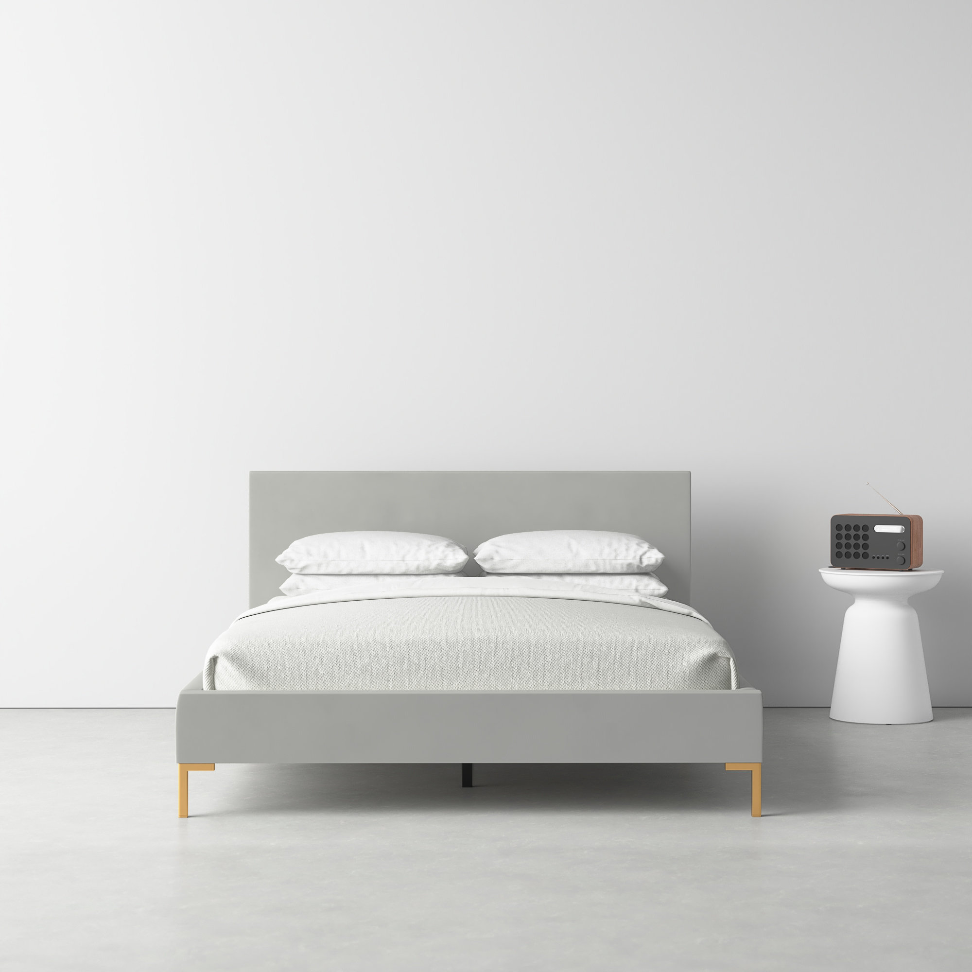 Rand Upholstered Bed, King, Bella Light Gray Performance Velvet, Brass