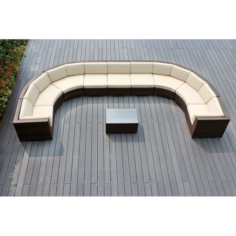 Pavior Wicker 9 - Person Curved Seating Group with Cushions - No Assembly, Polyester Beige, Mixed Brown