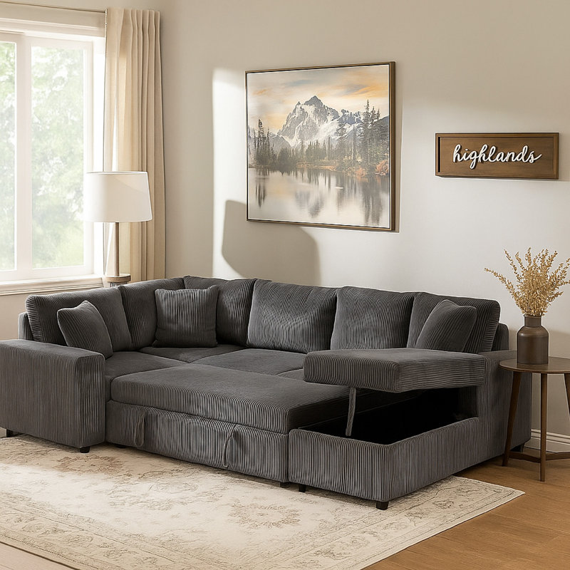 Canapé-lit modulaire Xely, Velours côtelé gris