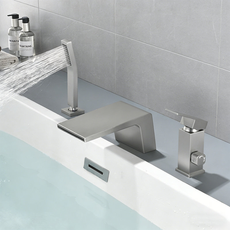 Robinet de baignoire romaine à fixation sur le comptoir avec douche à main, poignée simple, sortie d'eau à 2 modes