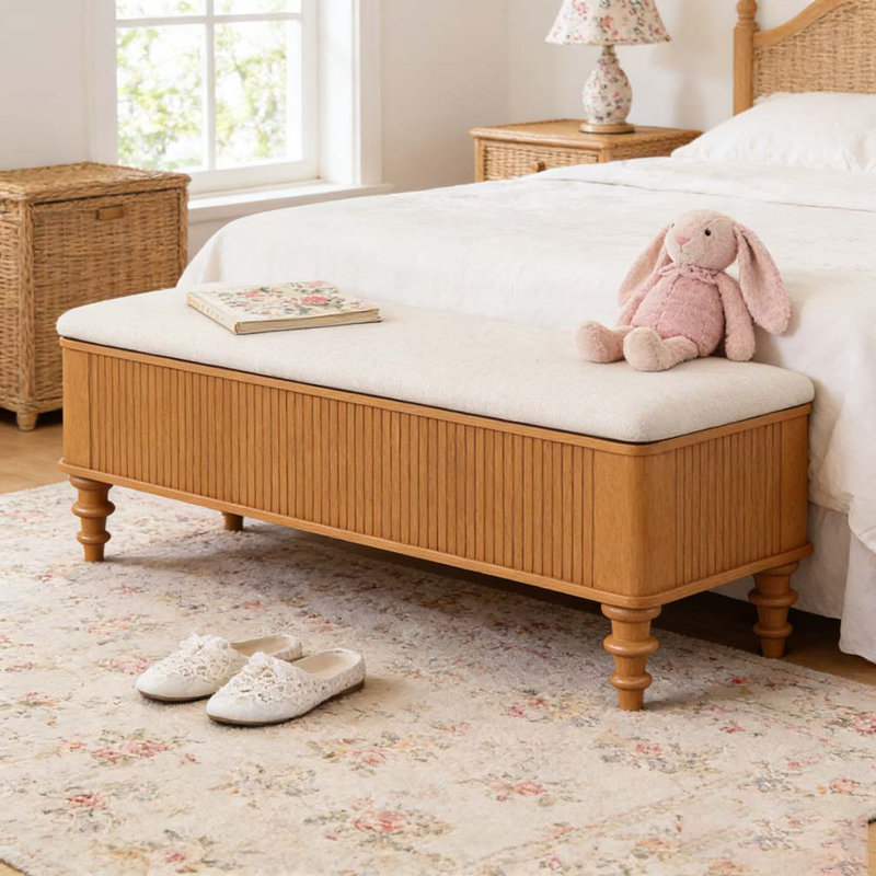 Banc de repose-pieds de rangement multifonctionnel de 50,8 pouces ench Banc de repose-pieds avec banc en bois d'hévéa massif avec siège en lin, banc de rangement pour chambre à coucher, range-chaussures pour chambre à coucher, salon, entrée,