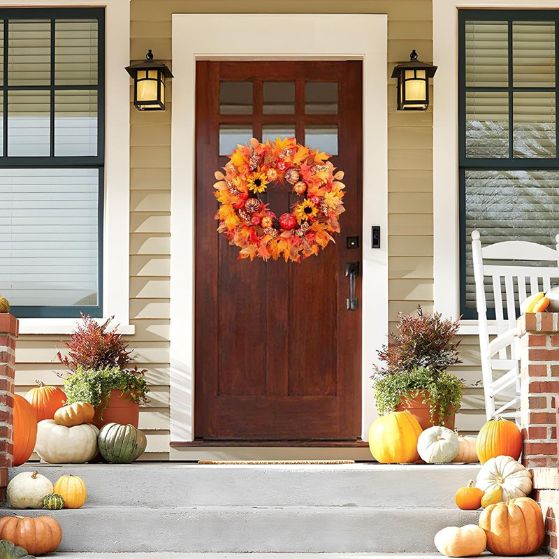 Couronne de citrouille d'automne 22 po - récolte d'automne avec feuilles d'érable et baies