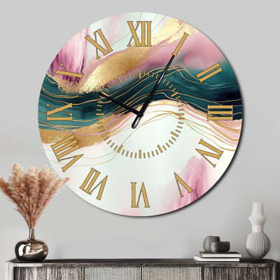 Horloge murale abstraite en marbre rose et vert III