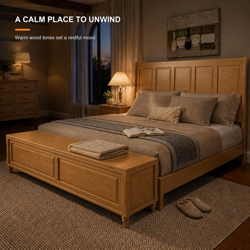 Lit plateforme de style traîneau avec banc de rangement au pied du lit, King, Naturel, King, Naturel