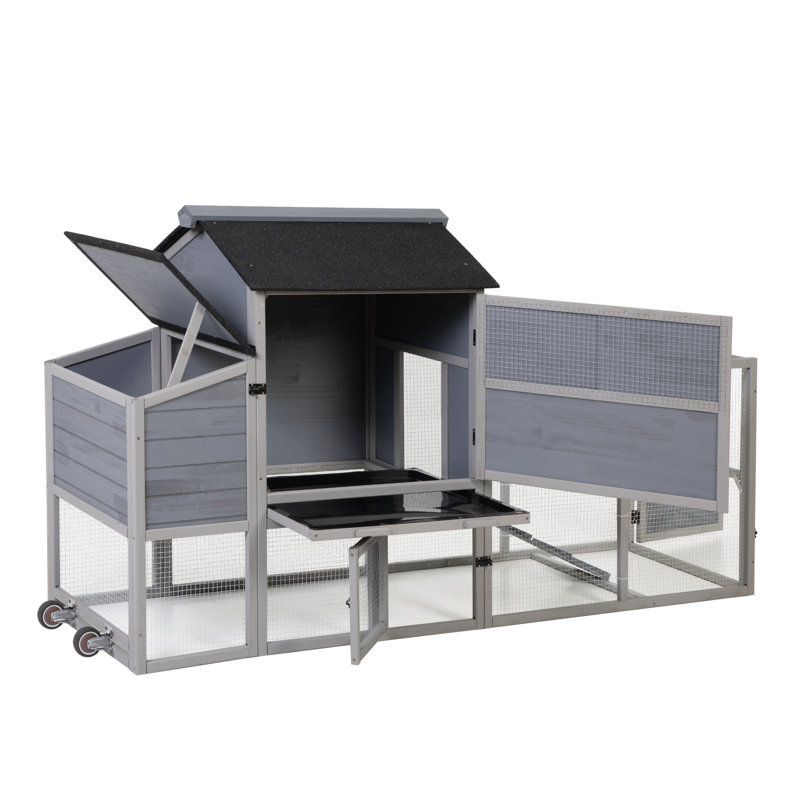 Poulailler portatif mobile avec nichoir, chambre à coucher, course, fenêtre, panneau solaire, portes, plateau coulissant, roues, enclos extérieur pour petits animaux, gris avec motifs colorés