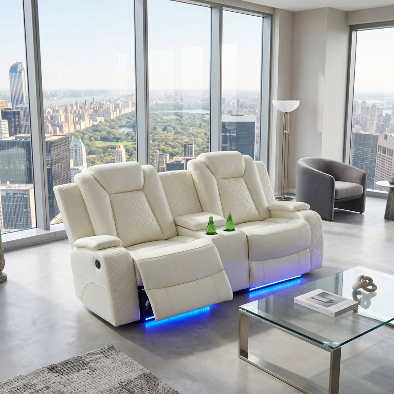 Orvane White Vegan Leather  Reclining  Loveseat With Cup-Holders And LED Lights