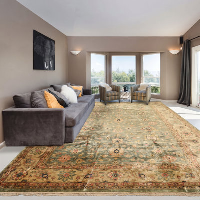 Tapis traditionnel Oushak en soie de bambou, beige sauge, noué à la main, 2,67 m x 3,53 m