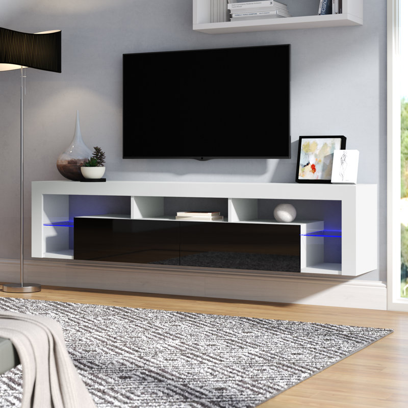 Floating 18" Modern TV Stand with 16-Color LED Lighting, Glass Shelves, Wall-Mounted, White/Black