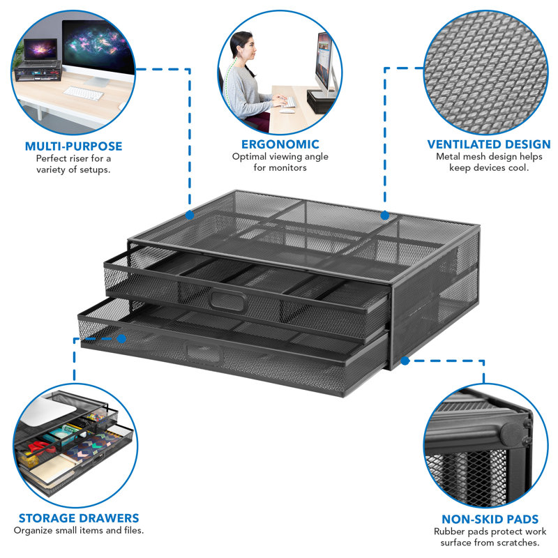 Black Metal Mesh Monitor Stand with Two Drawers