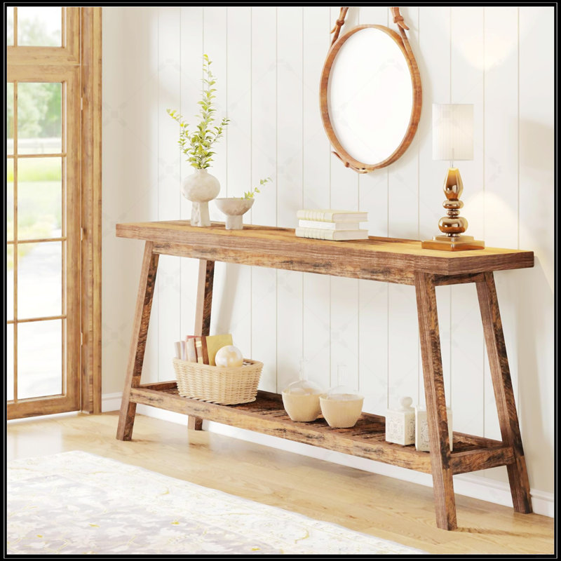 70.9 Inches Extra Long Farmhouse Console Table, Solid Wood Entryway Table With 2-Tier Open Storage, Rustic Narrow Sofa Table For Hallway, Living Room, Or Foyer