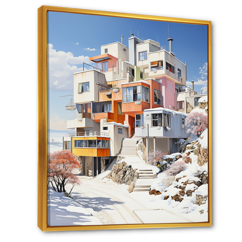 «De Stijl Modern City In Winter», reproduction sur toile, Cadre flottant doré, H 32 po x l 24 po