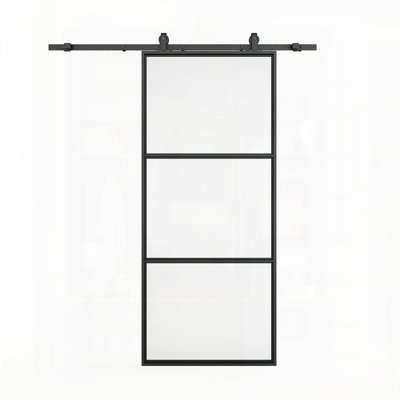 Porte de grange coulissante en acier noir Full Lite avec ensemble de quincaillerie et poignée pour l'intérieur moderne